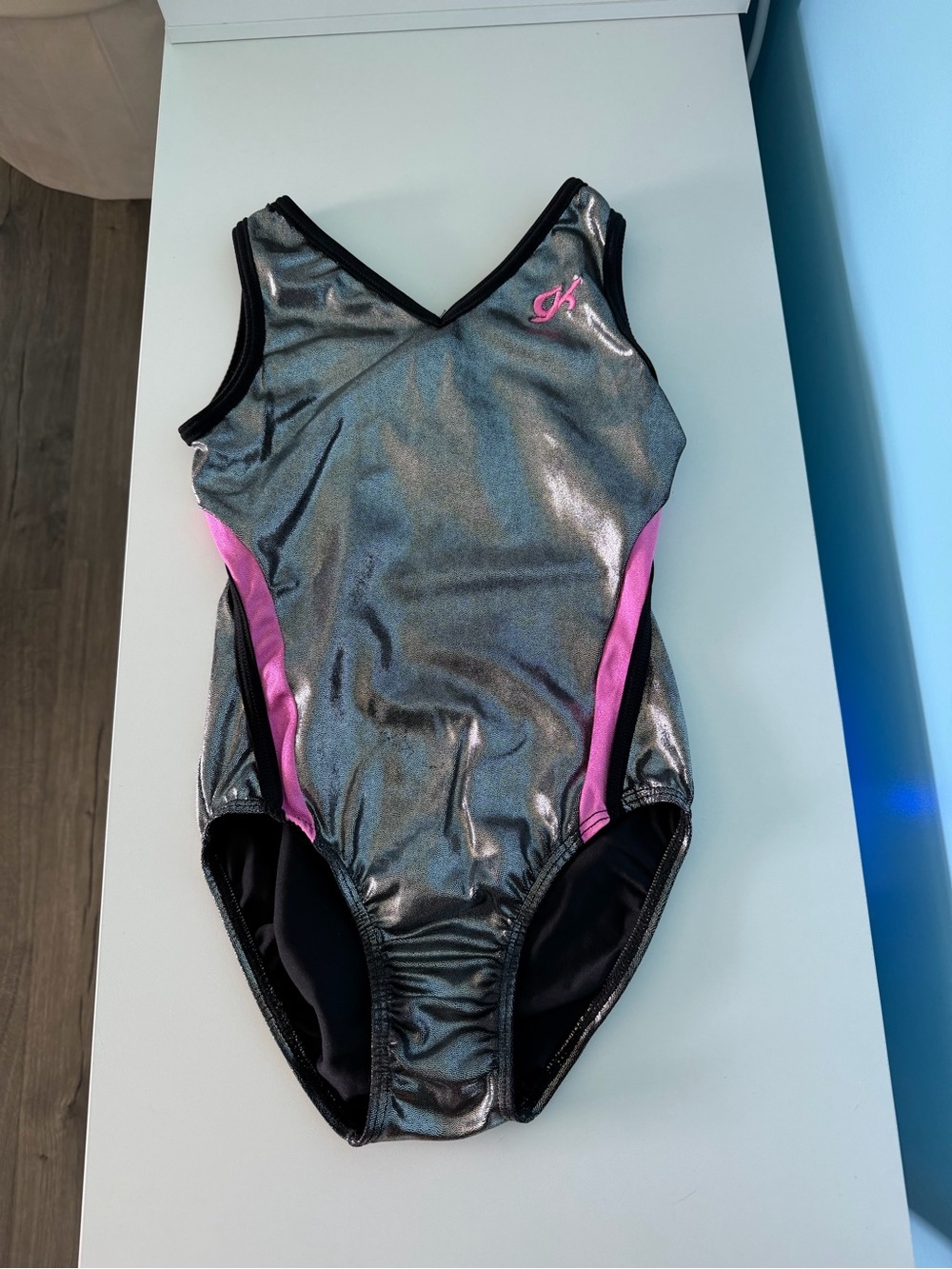 GK Metallic Silver Leotard with Pink Accents